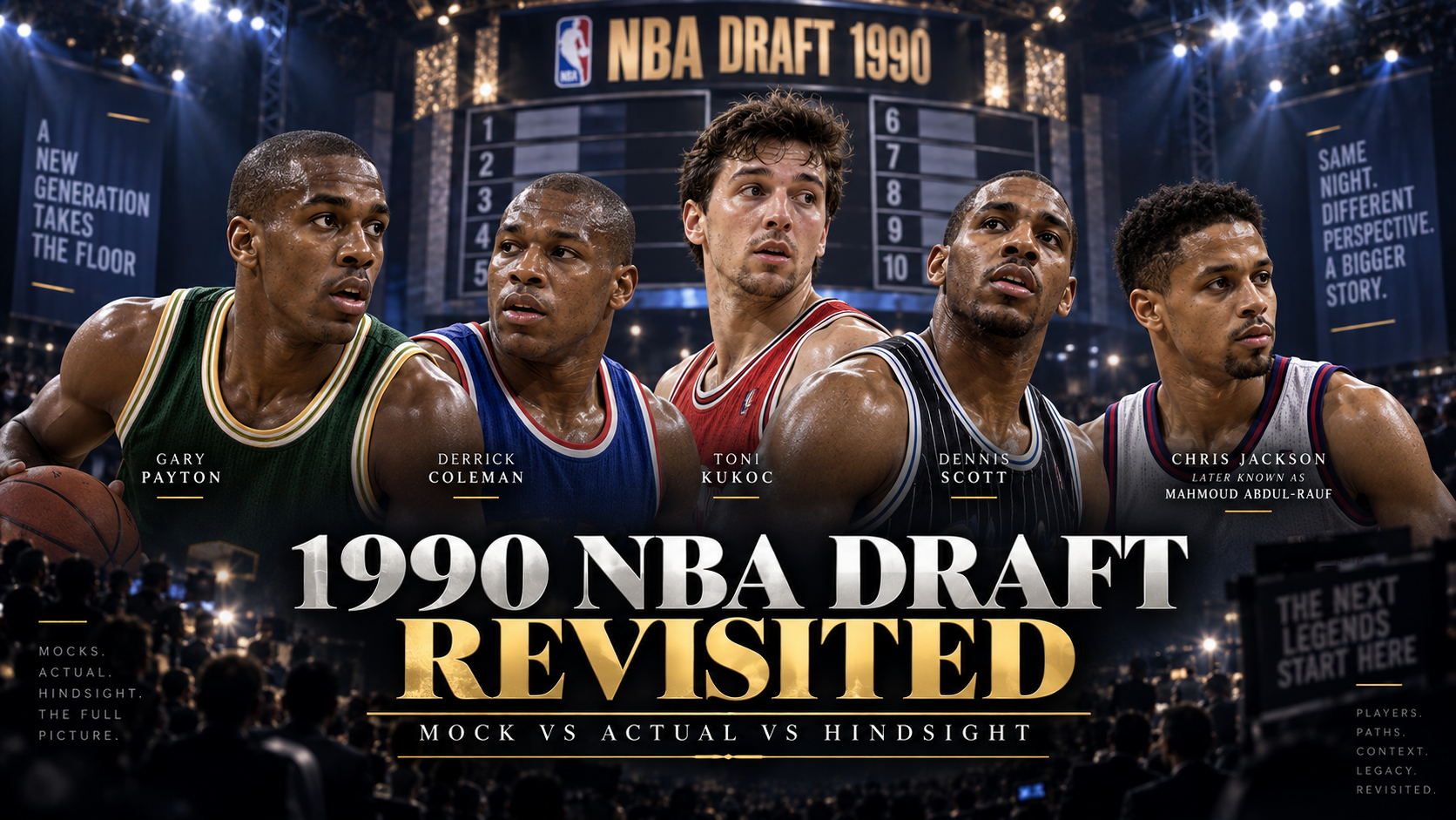 Photorealistic Ultimate Big Board hero graphic for the 1990 NBA Draft Revisited article with key players from the class and Mock vs Actual vs Hindsight framing.