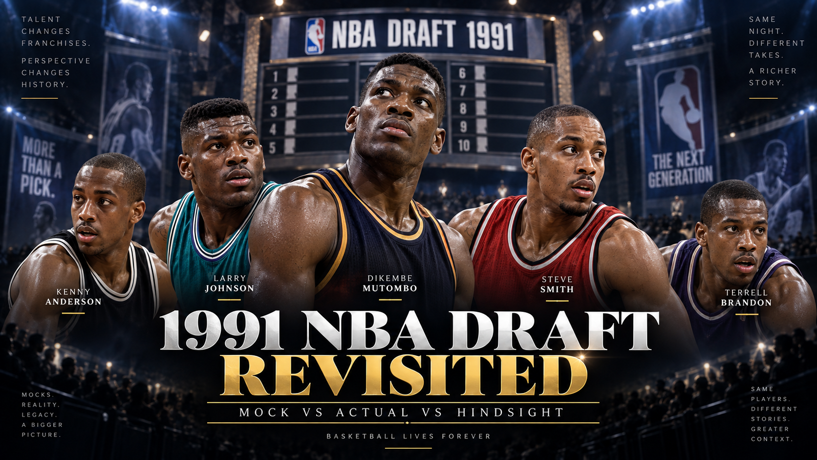 Photorealistic Ultimate Big Board hero graphic for the 1991 NBA Draft Revisited article with key players from the class and Mock vs Actual vs Hindsight framing.