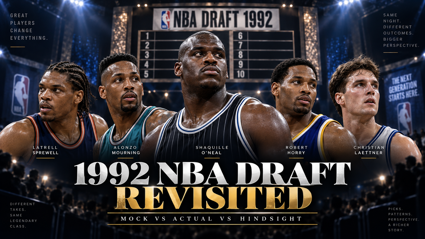 Photorealistic Ultimate Big Board hero graphic for the 1992 NBA Draft Revisited article with key players from the class and Mock vs Actual vs Hindsight framing.