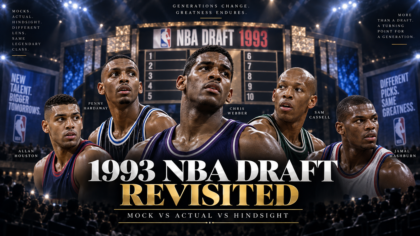 Photorealistic Ultimate Big Board hero graphic for the 1993 NBA Draft Revisited article with key players from the class and Mock vs Actual vs Hindsight framing.