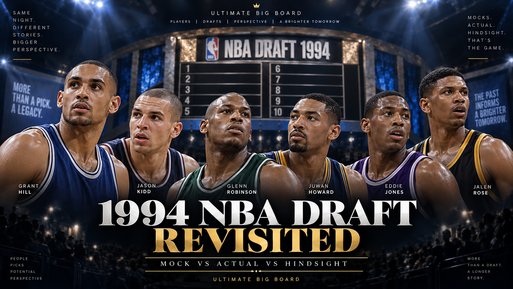 Photorealistic Ultimate Big Board hero graphic for the 1994 NBA Draft Revisited article with key players from the class and Mock vs Actual vs Hindsight framing.
