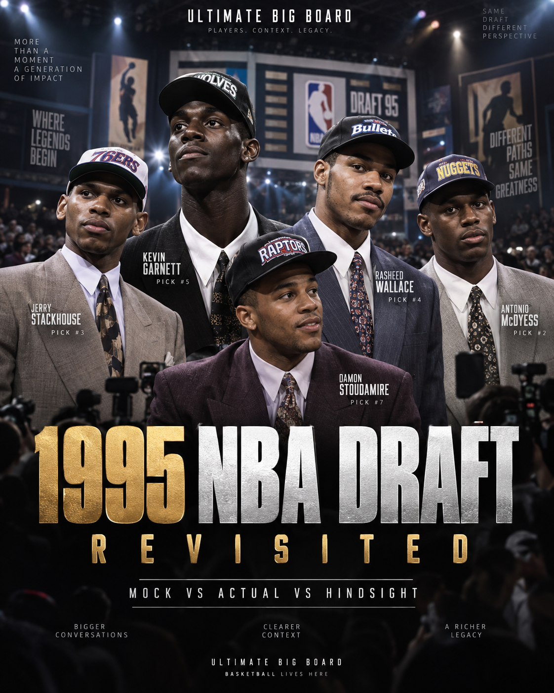 Photorealistic hero image for the 1995 NBA Draft Revisited article, showing key players from the class in an editorial poster style with Mock vs Actual vs Hindsight framing.