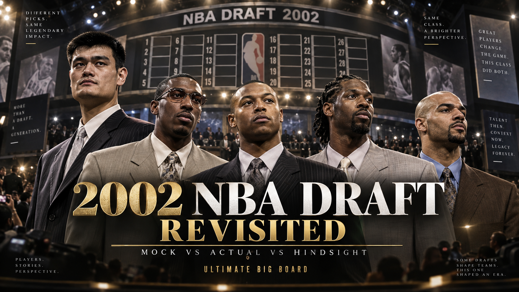 Ultimate Big Board hero graphic for the 2002 NBA Draft Revisited article, featuring key players from the class and the Mock vs Actual vs Hindsight theme.