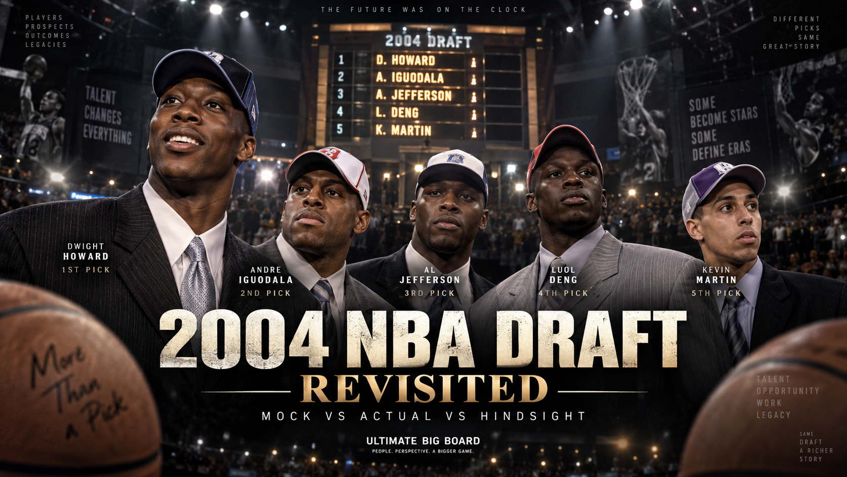 Ultimate Big Board hero graphic for the 2004 NBA Draft Revisited article, featuring key players from the class and the Mock vs Actual vs Hindsight theme.