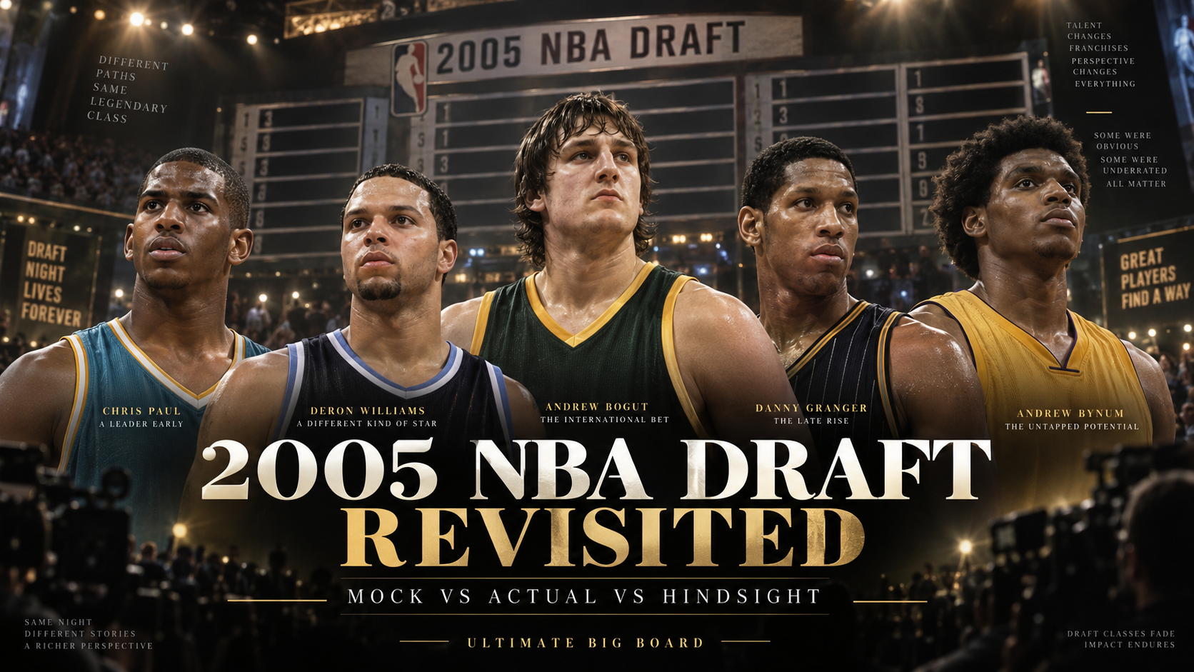 Ultimate Big Board hero graphic for the 2005 NBA Draft Revisited article, featuring key players from the class and the Mock vs Actual vs Hindsight theme.