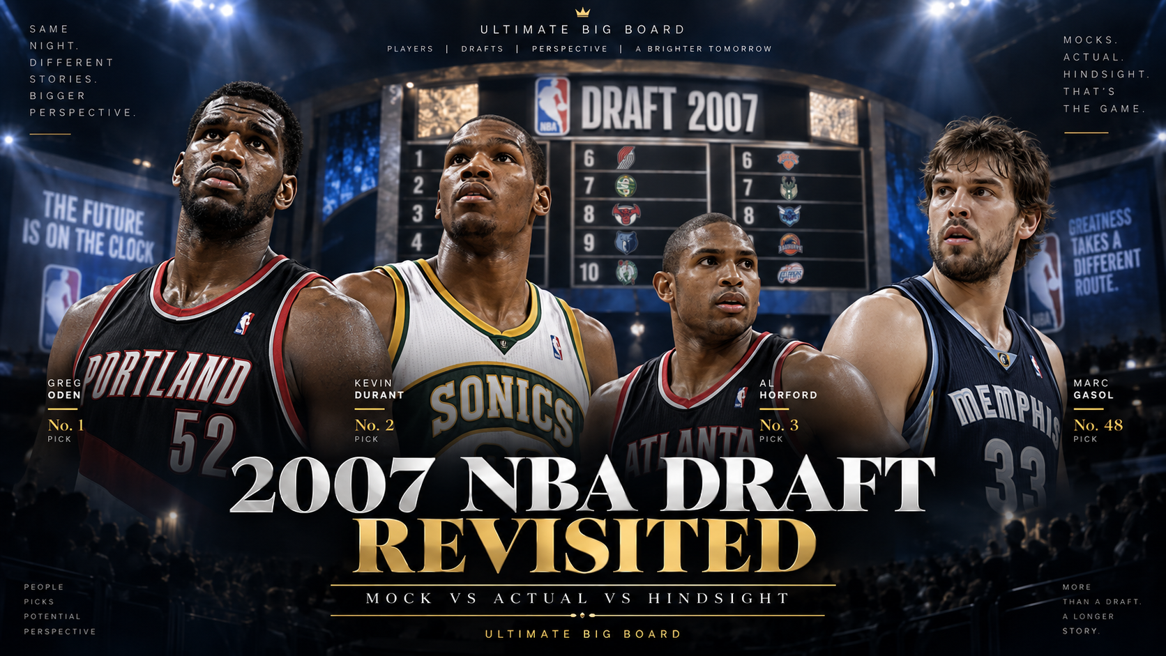 Draft-night style hero image for the 2007 NBA Draft centered on Greg Oden, Kevin Durant, Al Horford and Marc Gasol with a Mock vs Actual vs Hindsight headline.