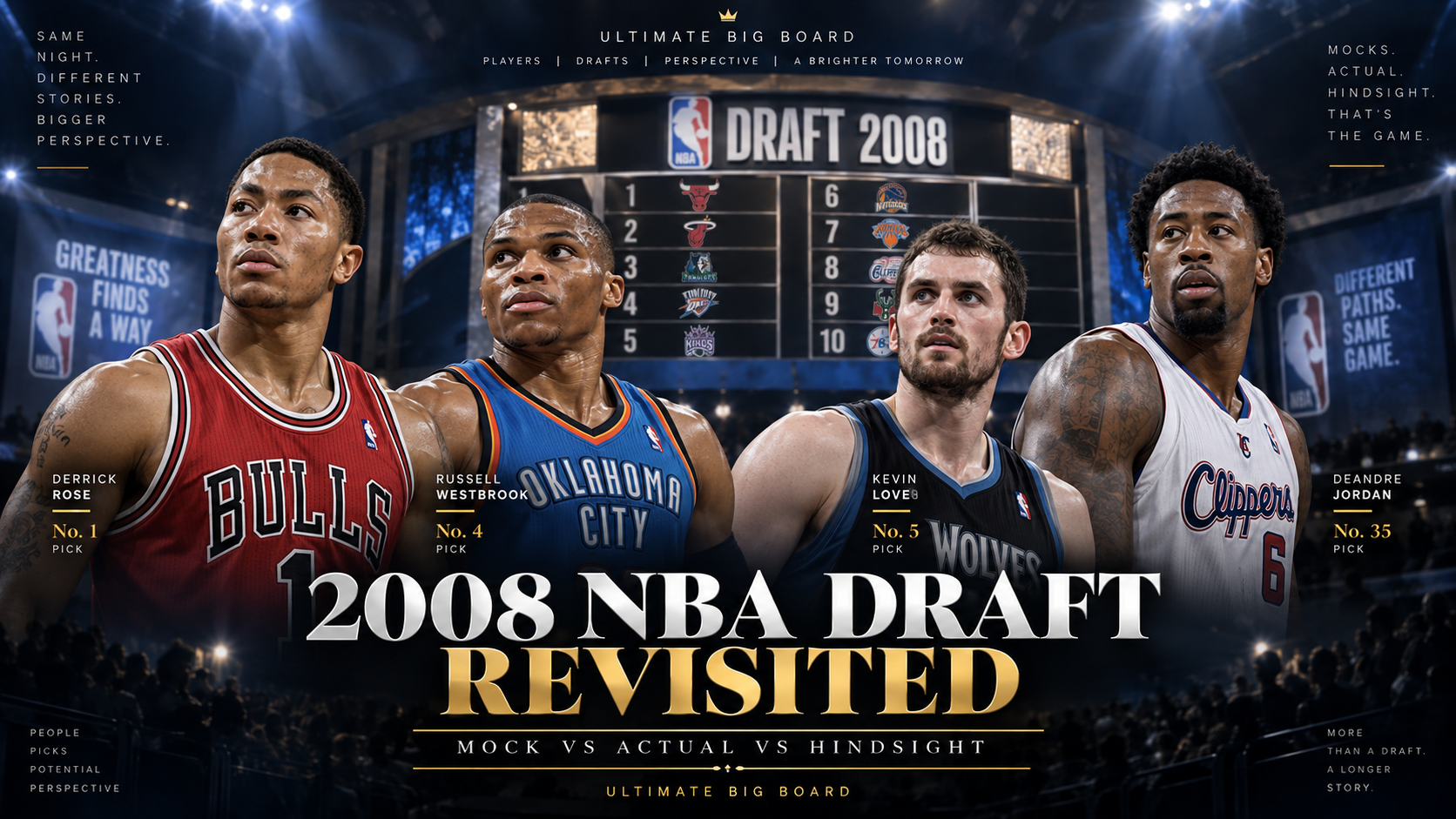 Draft-night style hero image for the 2008 NBA Draft showing Derrick Rose, Russell Westbrook, Kevin Love and Brook Lopez with a Mock vs Actual vs Hindsight title.